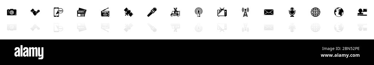 News Icons - Schwarz horizontale Illustration Symbol auf weißem Hintergrund mit einem Spiegel Schatten Reflexion. Flacher Vektor. Stock Vektor