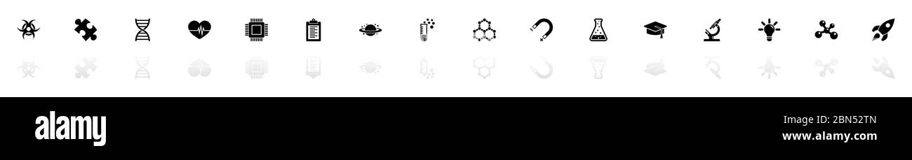 Wissenschaft Icons - Schwarz horizontale Illustration Symbol auf weißem Hintergrund mit einem Spiegel Schatten Reflexion. Flacher Vektor. Stock Vektor