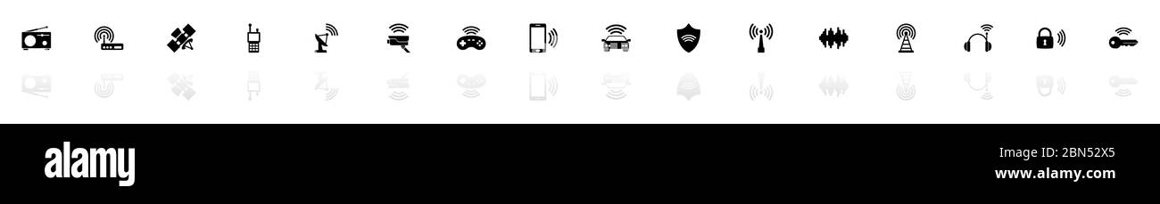 Radiosymbole - Schwarz horizontale Illustration Symbol auf weißem Hintergrund mit einem Spiegel Schatten Reflexion. Flacher Vektor. Stock Vektor