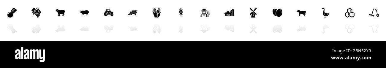 Farming Icons - Schwarz horizontale Illustration Symbol auf weißem Hintergrund mit einem Spiegel Schatten Reflexion. Flacher Vektor. Stock Vektor