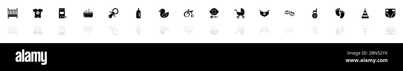 Baby Icons - Schwarz horizontale Illustration Symbol auf weißem Hintergrund mit einem Spiegel Schatten Reflexion. Flacher Vektor. Stock Vektor
