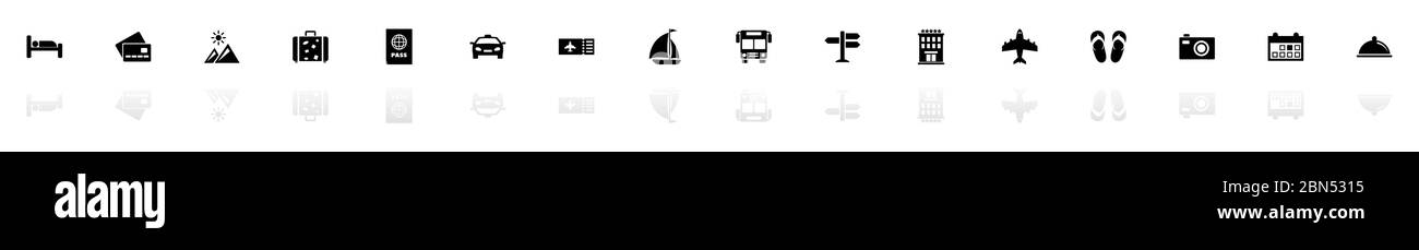 Reise-Icons - Schwarz horizontale Illustration Symbol auf weißem Hintergrund mit einem Spiegel Schatten Reflexion. Flacher Vektor. Stock Vektor