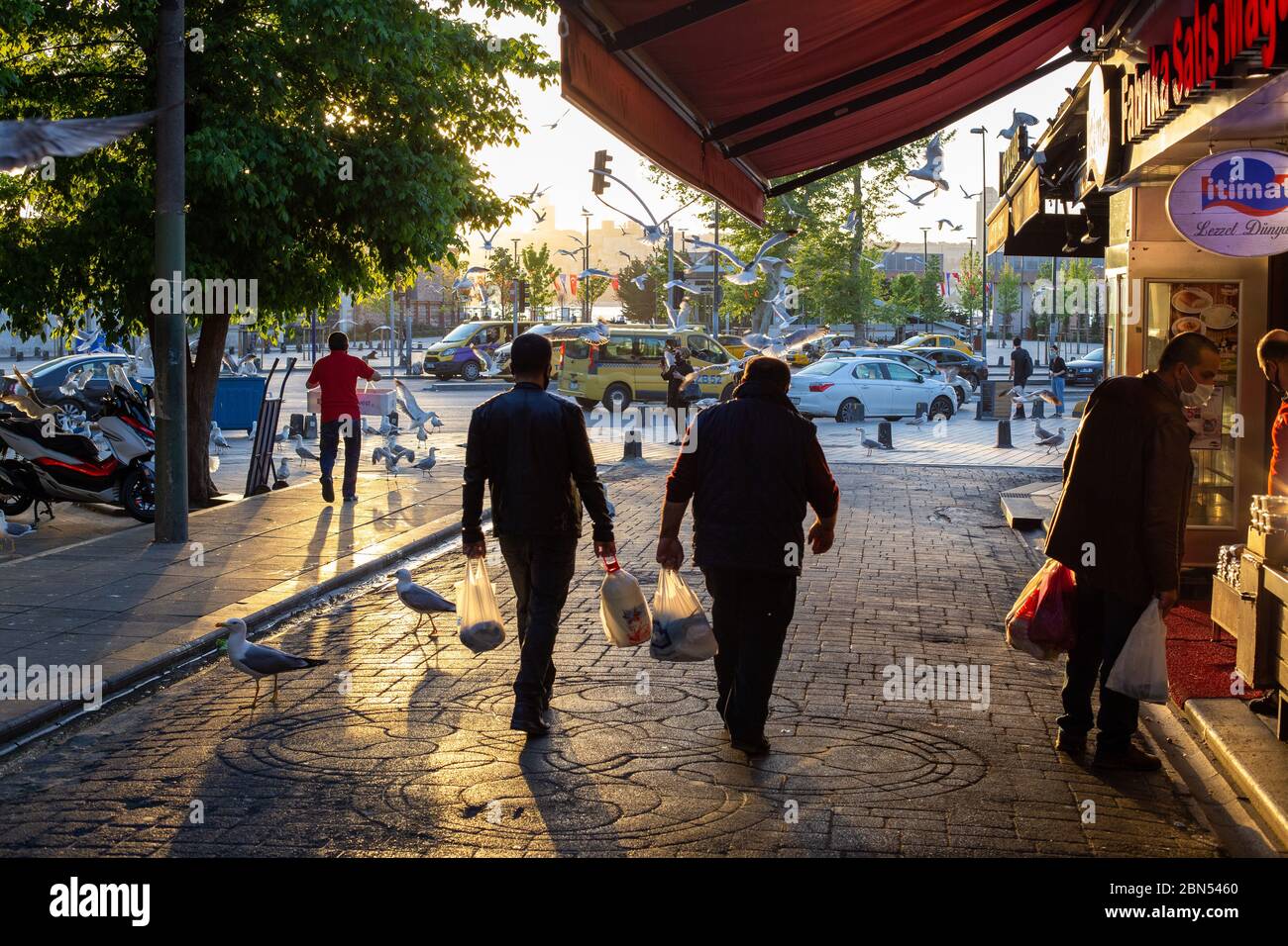 Die Stammgäste des Uskudar Fischmarktes an den Coronavirus Tagen sind Möwen. Möwen ohne soziale Distanz zwischen ihnen ernähren sich vorher von Fischfetzen. Stockfoto