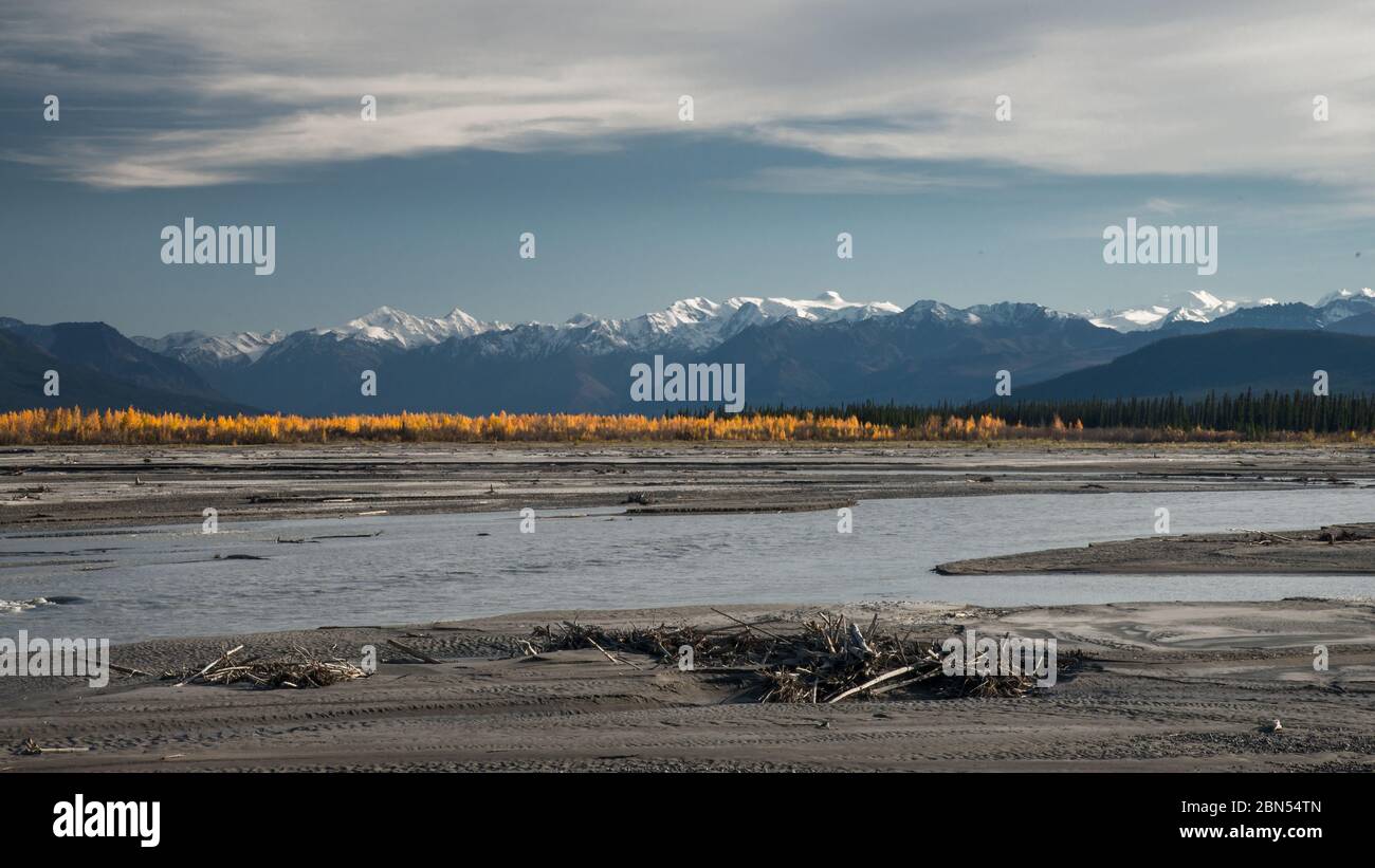 Blick auf die St. Elias Mountains mit Herbstlaub entlang des Donjek River im Yukon Territory, Kanada Stockfoto