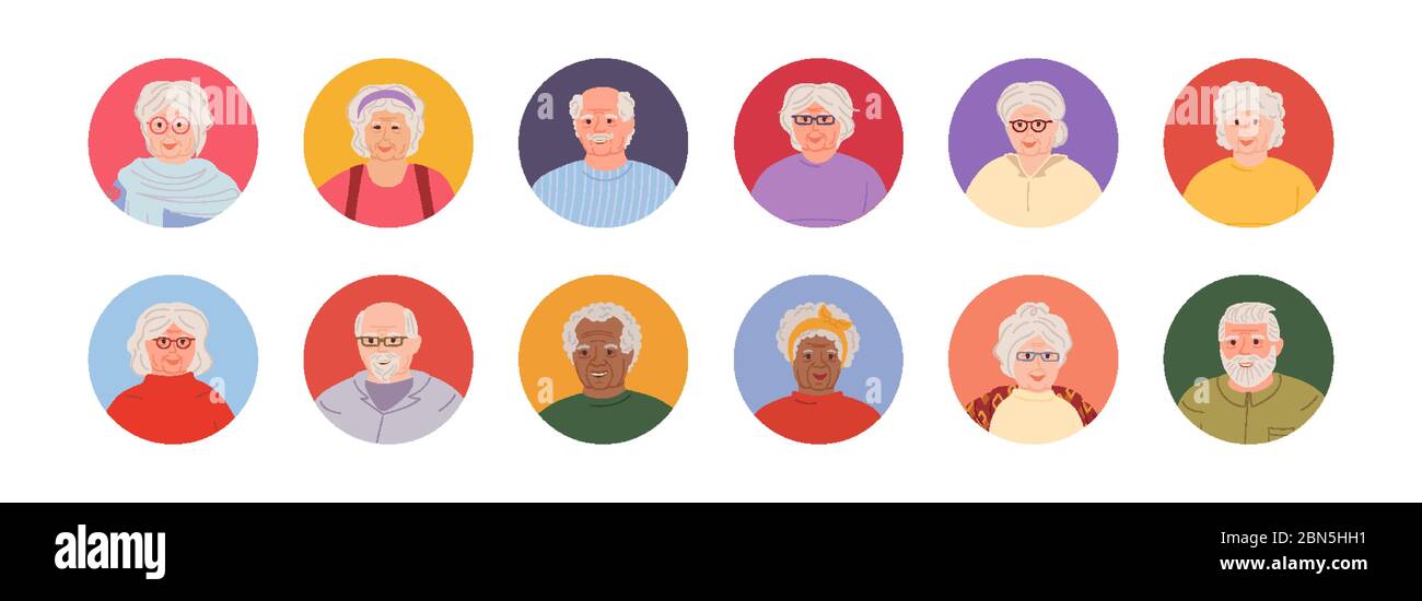 Alte Leute setzen Avatare Cartoon-Stil. Multi Nationalität ältere Gesichter Mann und Frauen. Verschiedene Nationen Vertreter Sammlung von Porträts. Isolierte Vektordarstellung Stock Vektor