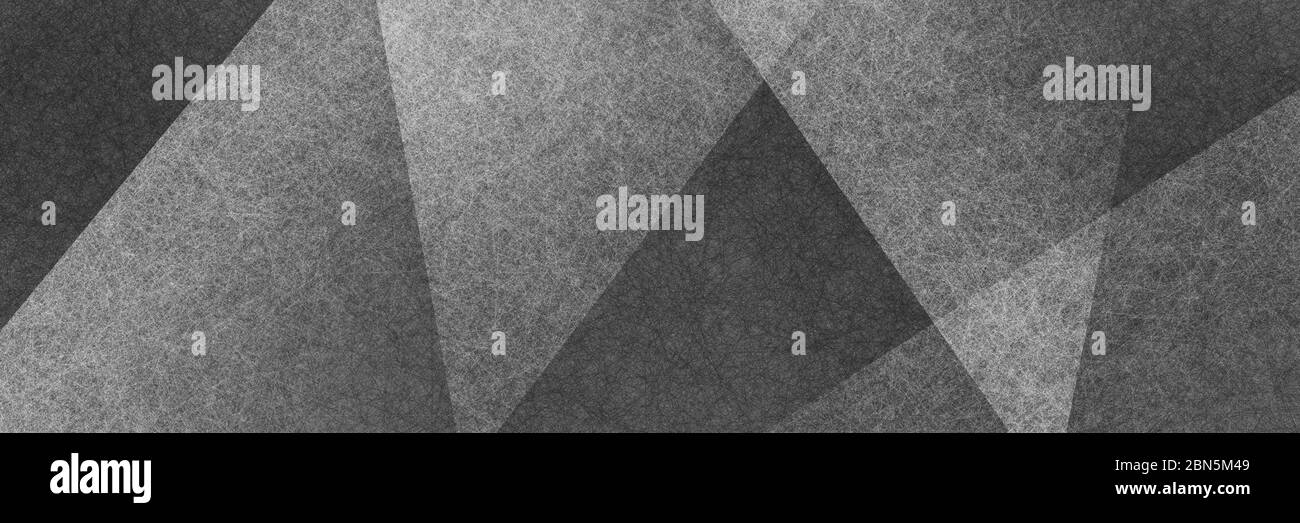 Abstrakt moderner Hintergrund in Schwarz-Weiß-Farben und zeitgenössische Dreieck Quadrat und Block Formen in zufällige geometrische Kunst Muster mit Fi geschichtet Stockfoto