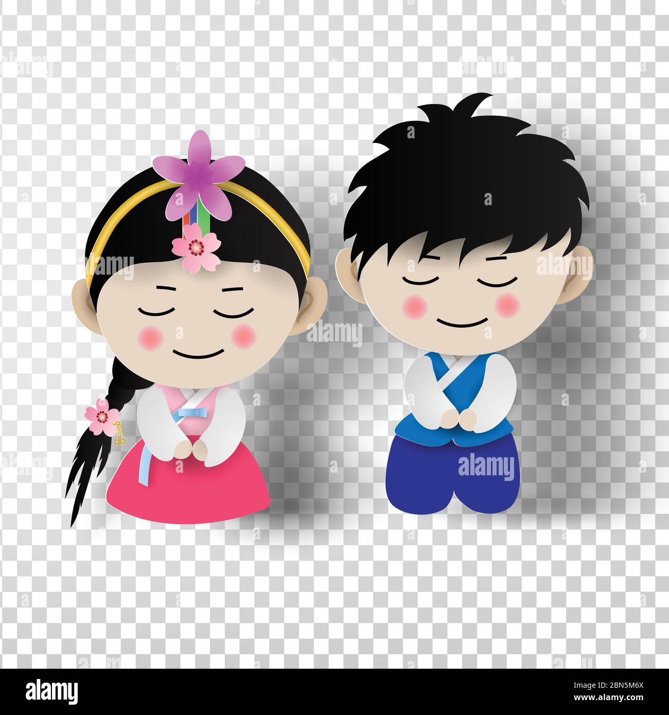 Papierkunst der koreanischen traditionellen Jungen und Mädchen in koreanischen Kostüm auf transparentem Hintergrund.Vektor-Illustration Stock Vektor