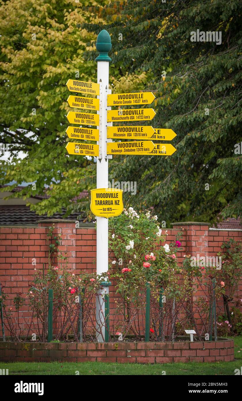Reiseführer zu allen Orten namens Woodville, Woodville, Manawatu-Wanganui, Nordinsel Neuseeland Stockfoto
