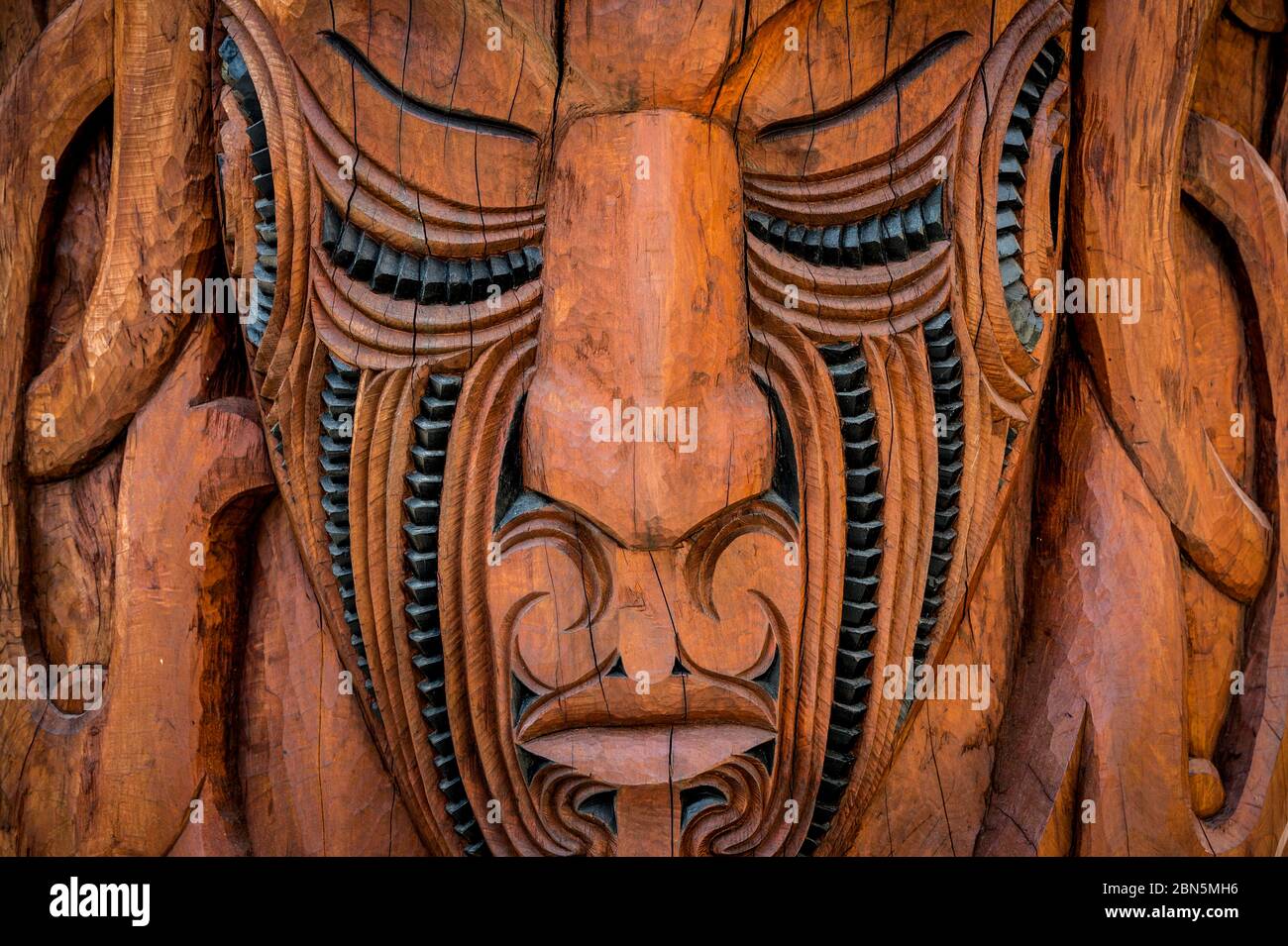 Gesicht, geschnitzte Maske, Schnitzkunst der Maori, Te Puia, Whakarewarewa, Rotorua, Bay of Plenty, Neuseeland Stockfoto