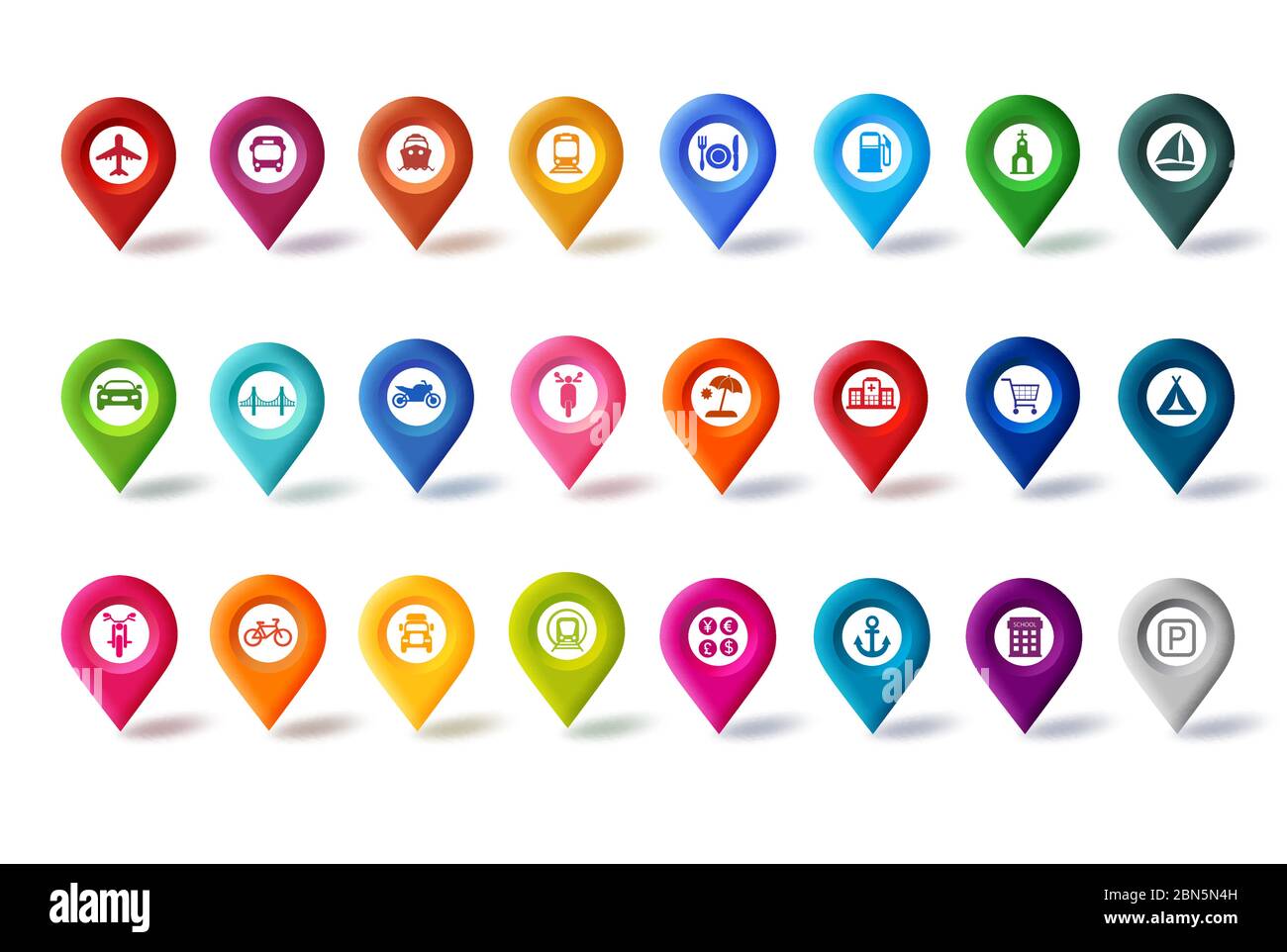 Travel Map Pin Icons Vektor gesetzt. Bunte Navigationskarte Pins Button mit verschiedenen Zeichen für Karte und Marker isoliert in weißem Hintergrund. Stock Vektor
