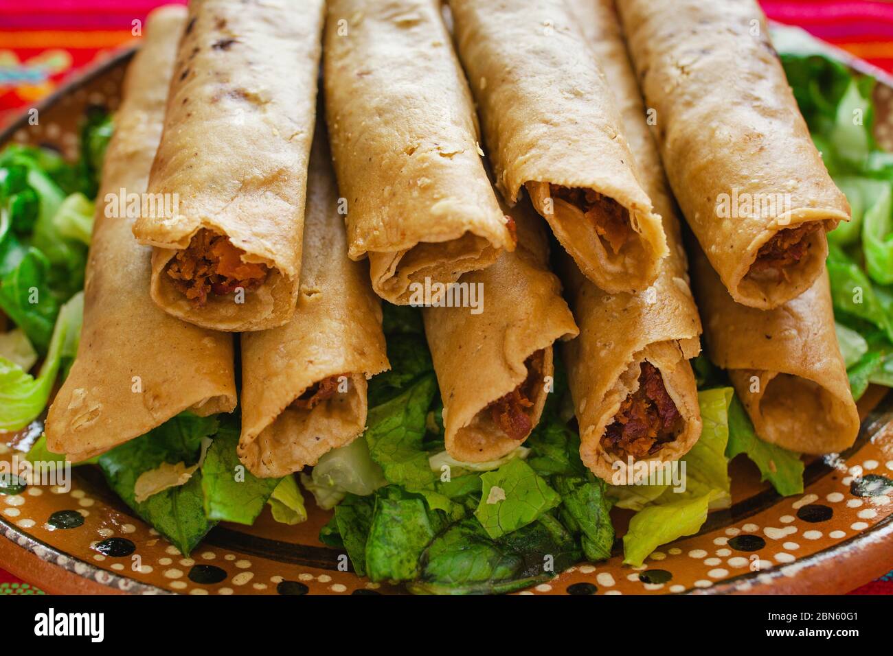 Feutas de pollo, Chicken Tacos dorados und Salsa hausgemachte mexikanische Küche in mexiko-Stadt Stockfoto