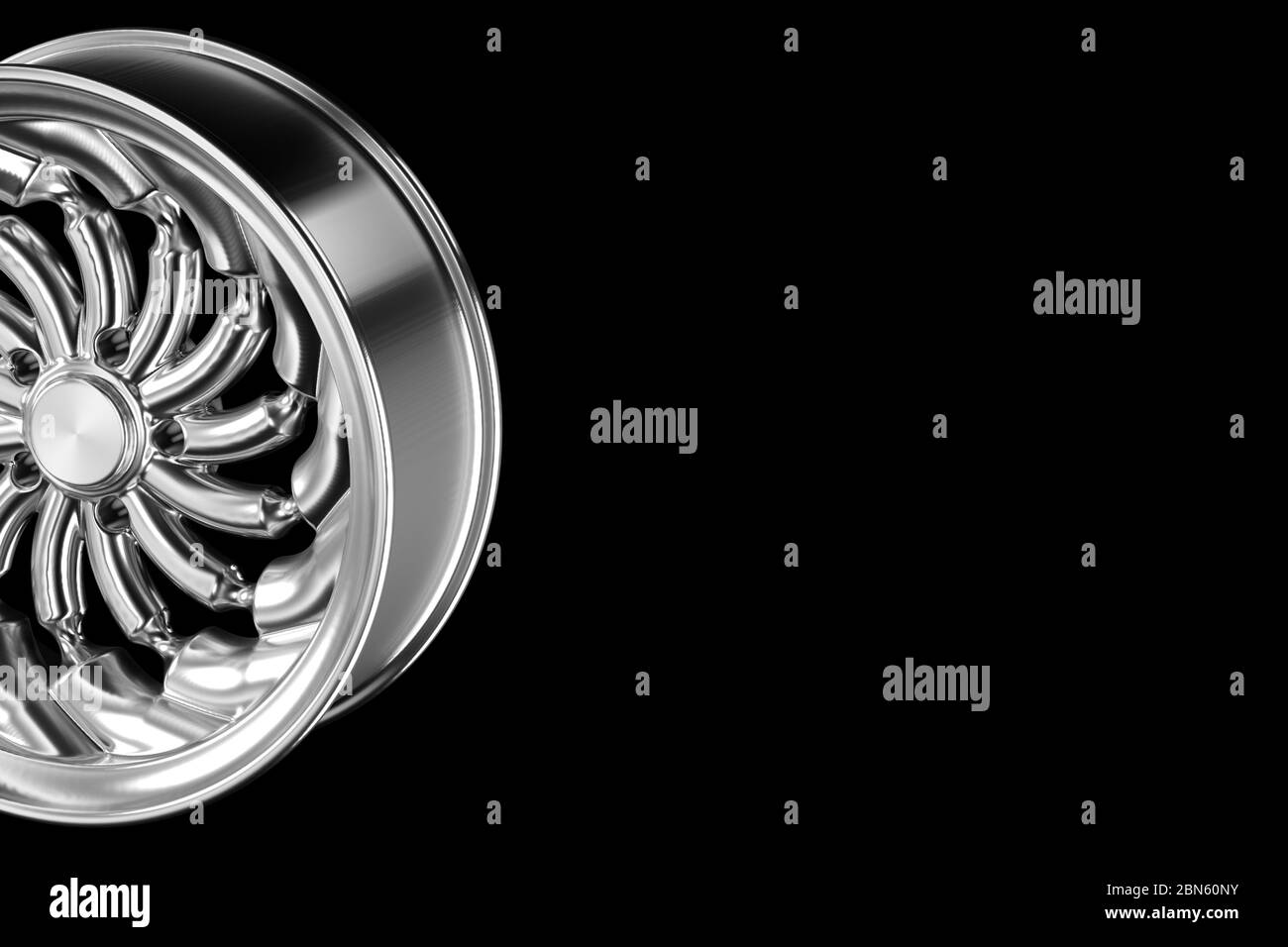 Abstrakt Chrom Sportwagen Rad isoliert auf einem schwarzen Hintergrund 3d-Illustration mit Copyspace für Ihren Text Stockfoto