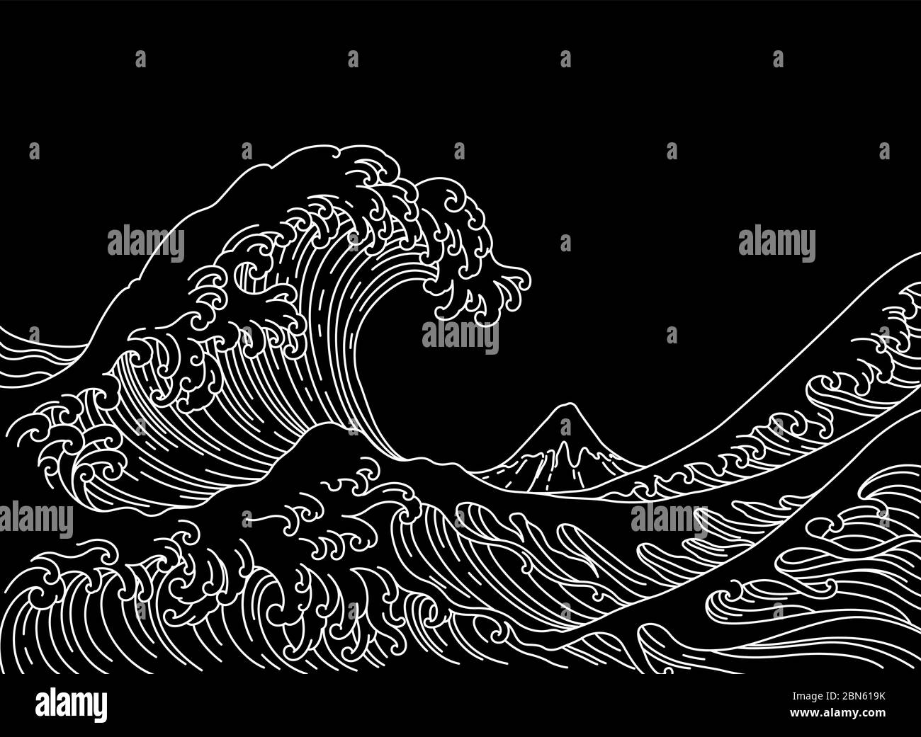 Große asiatische Meereswelle und die Berg-Illustration. Isoliert auf weißem Hintergrund. Ozean von Kanagawa.Einlinienstrich.-Vektor. Stock Vektor