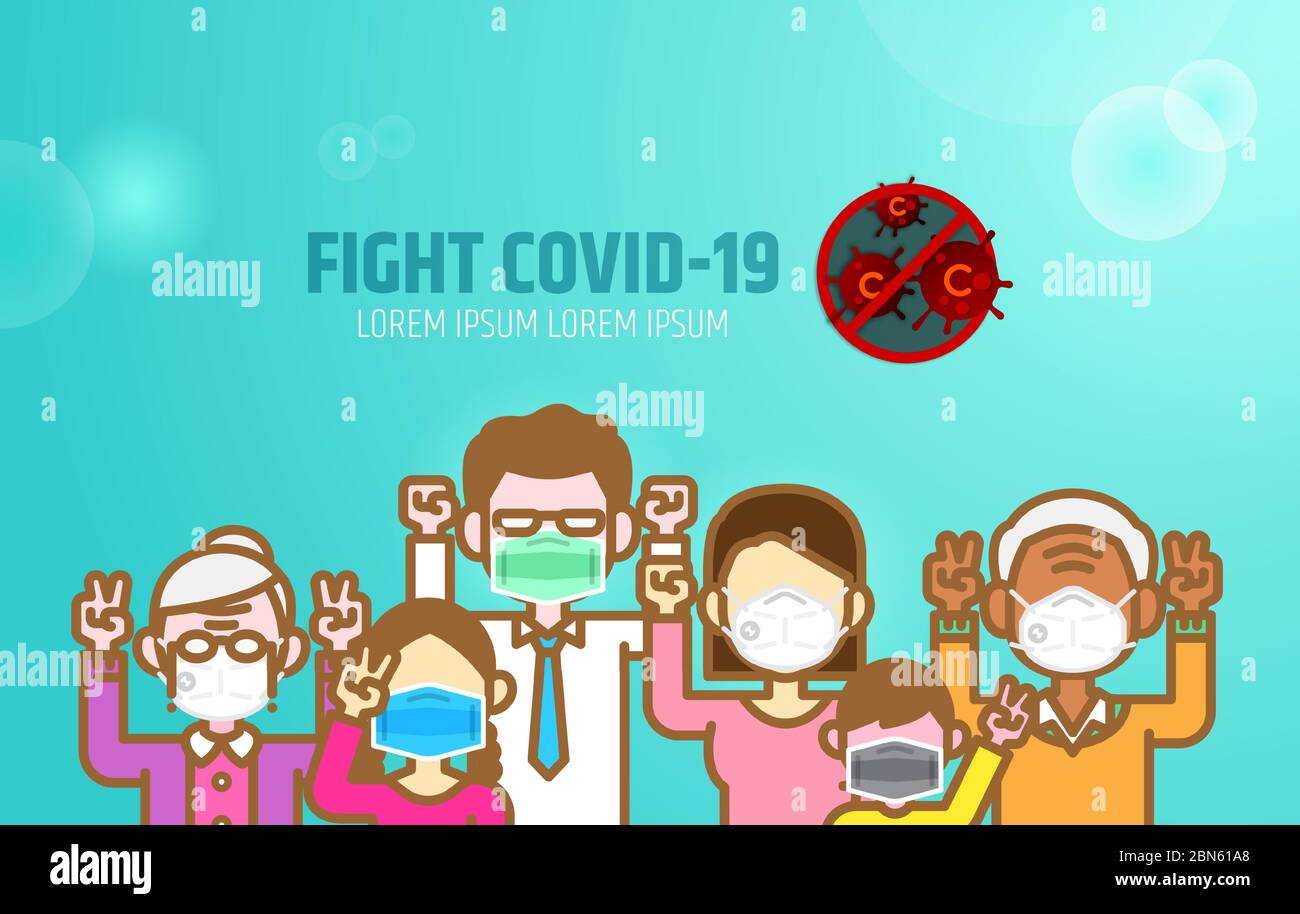 Familie Team Macht gegen Covid-19, Coronavirus flaches Design Illustration. Starke und harmonische Eltern tragen Maske zum Schutz mit hoffnungsvollen Händen U Stock Vektor
