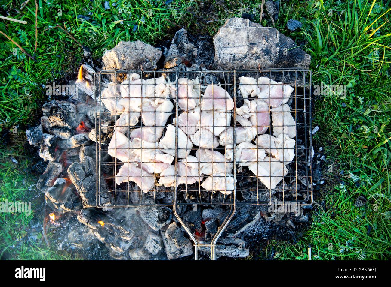 Gegrilltes Fleisch auf dem Scheiterhaufen. Picknick in der Natur bei Sonnenuntergang. Der Geschmack des Sommers Stockfoto