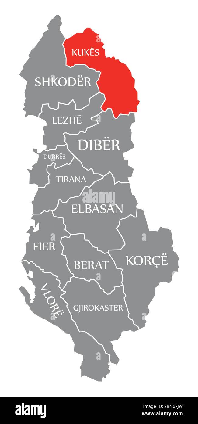 Kukes rot markiert in der Karte von Albanien Stock Vektor