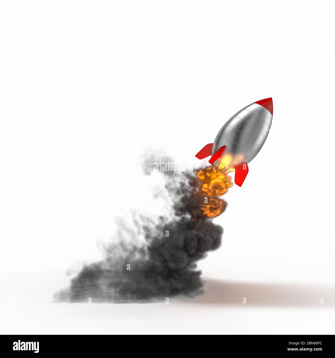 Vintage Cartoon Metall Rakete abheben mit viel Rauch und Flammen in Sicht. Auf weißem Hintergrund. 3d-Rendering. Konzept des Starts, Erfolg. Stockfoto
