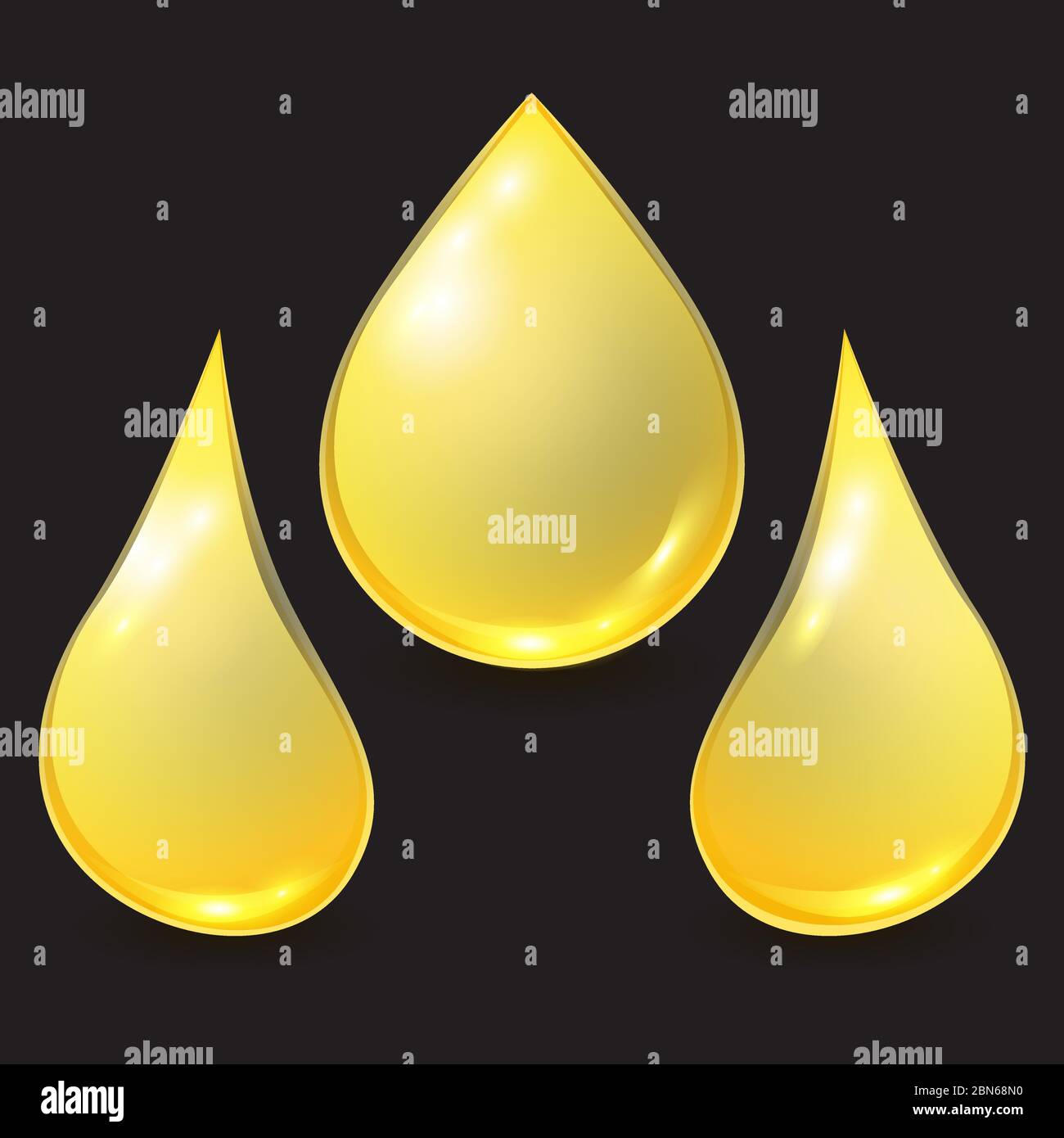 Vektor Set golden verschiedene Öl- oder Honigtropfen auf schwarzem Hintergrund isoliert. Realistische 3D-Darstellung. Vorlage für Petrochemie, Bienenzucht oder Oliv Stock Vektor