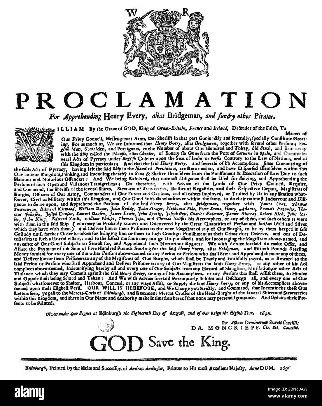 HENRY EVERY (1659-?) Englischer Pirat. Proklamation für seine Verhaftung mit einer Belohnung von £500, ausgestellt vom Privy Council of Scotland 18. August 1696. Stockfoto