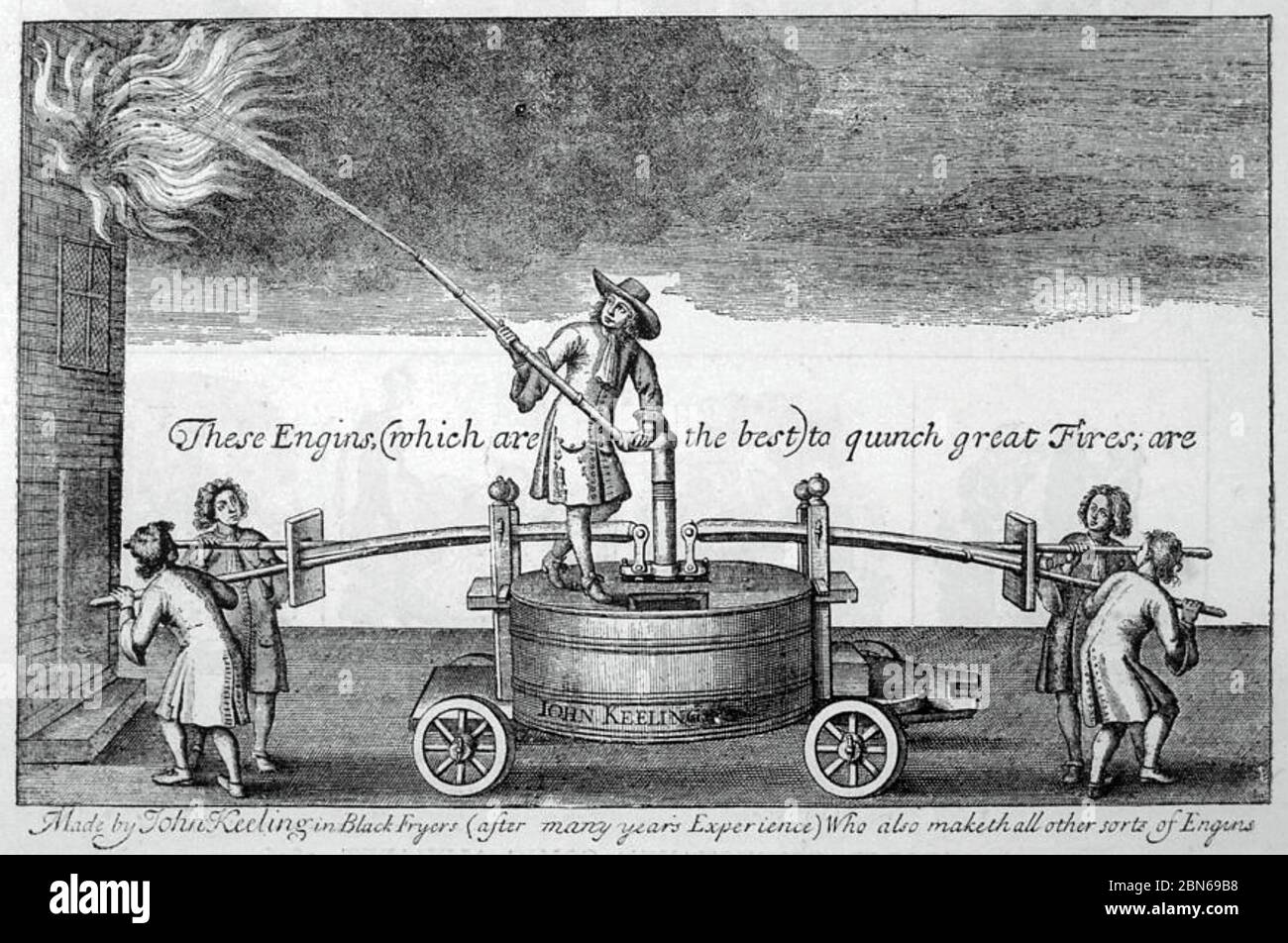 JOHN KEELING'S FEUERWEHRAUTO UM 1678. Stockfoto