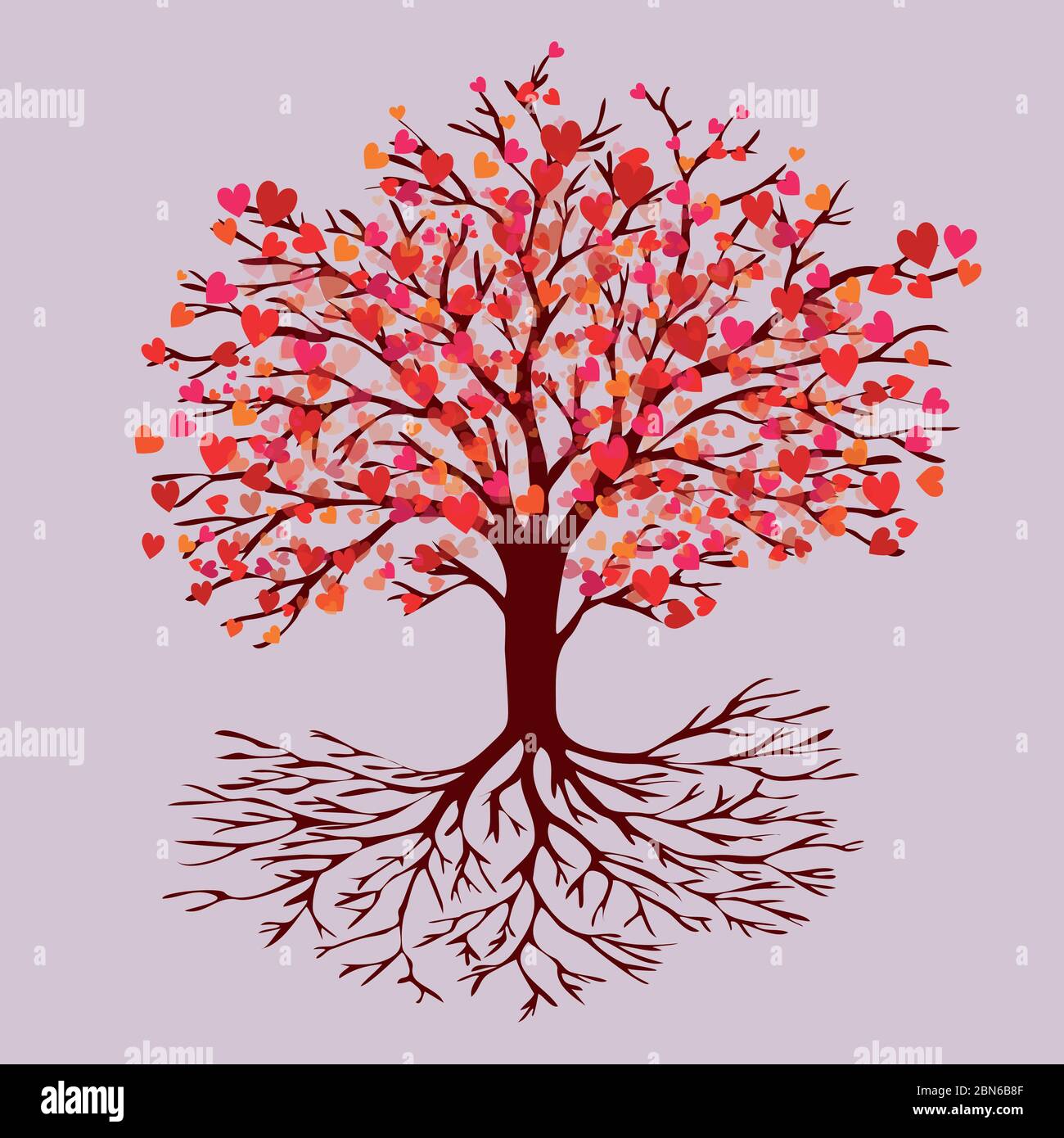 Ein Baum des Lebens mit herzförmigen roten Blütenblättern. Die Farben sind rot, rosa und orange Stock Vektor