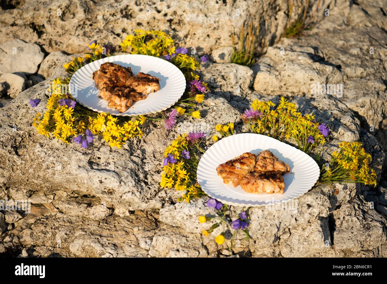 Gekochtes weißes Fleisch, das auf weißen Tellern liegt, umgeben von Blumen auf Steinen. Romantisches Abendessen im Freien Camping. Stockfoto