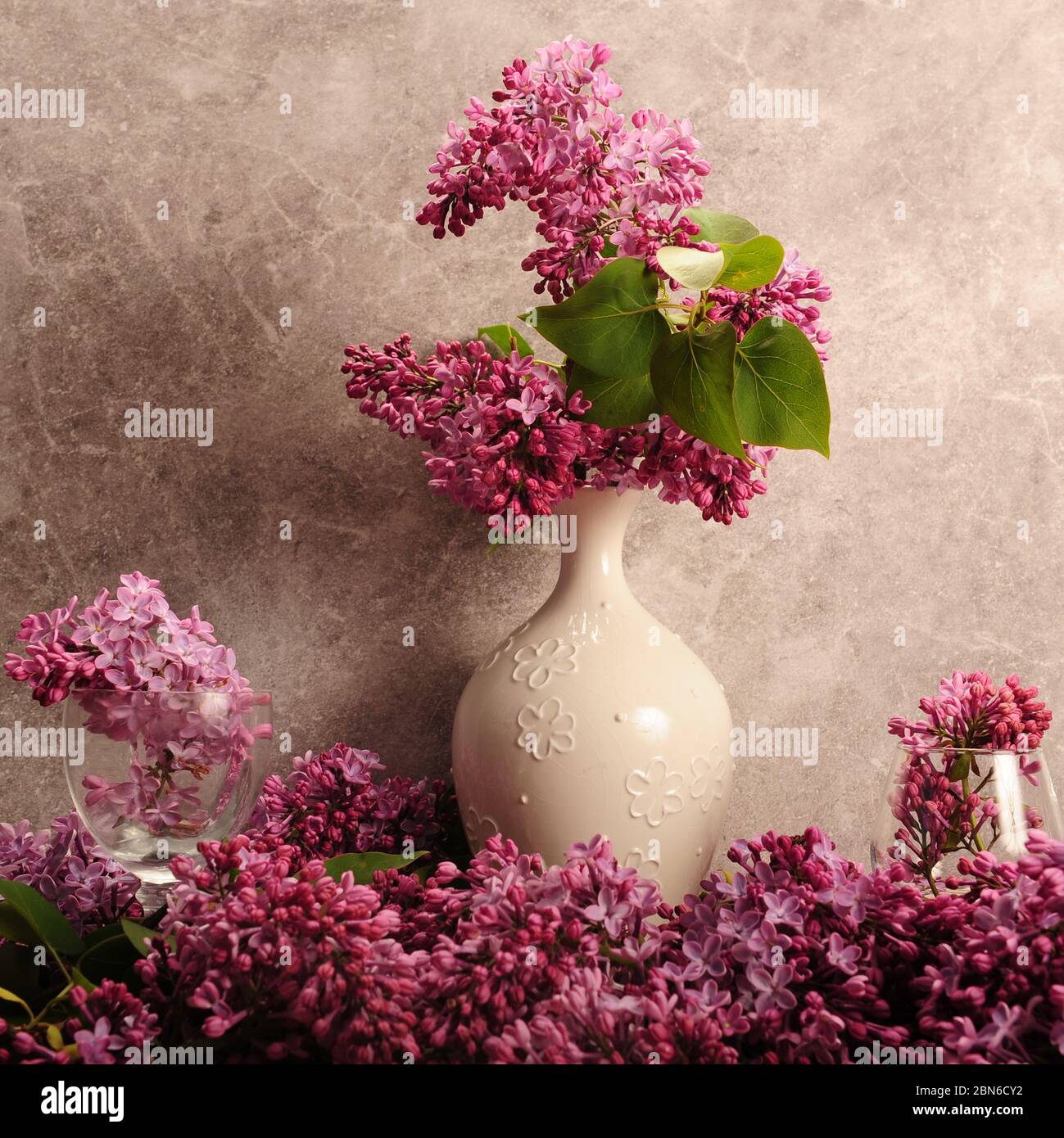 Quadratisches Foto von lila Flieder in weißer Vase gegen Betonwand. Zwei kleine Weingläser mit Blumen und Lila-Trauben auf dem Tisch. Stockfoto
