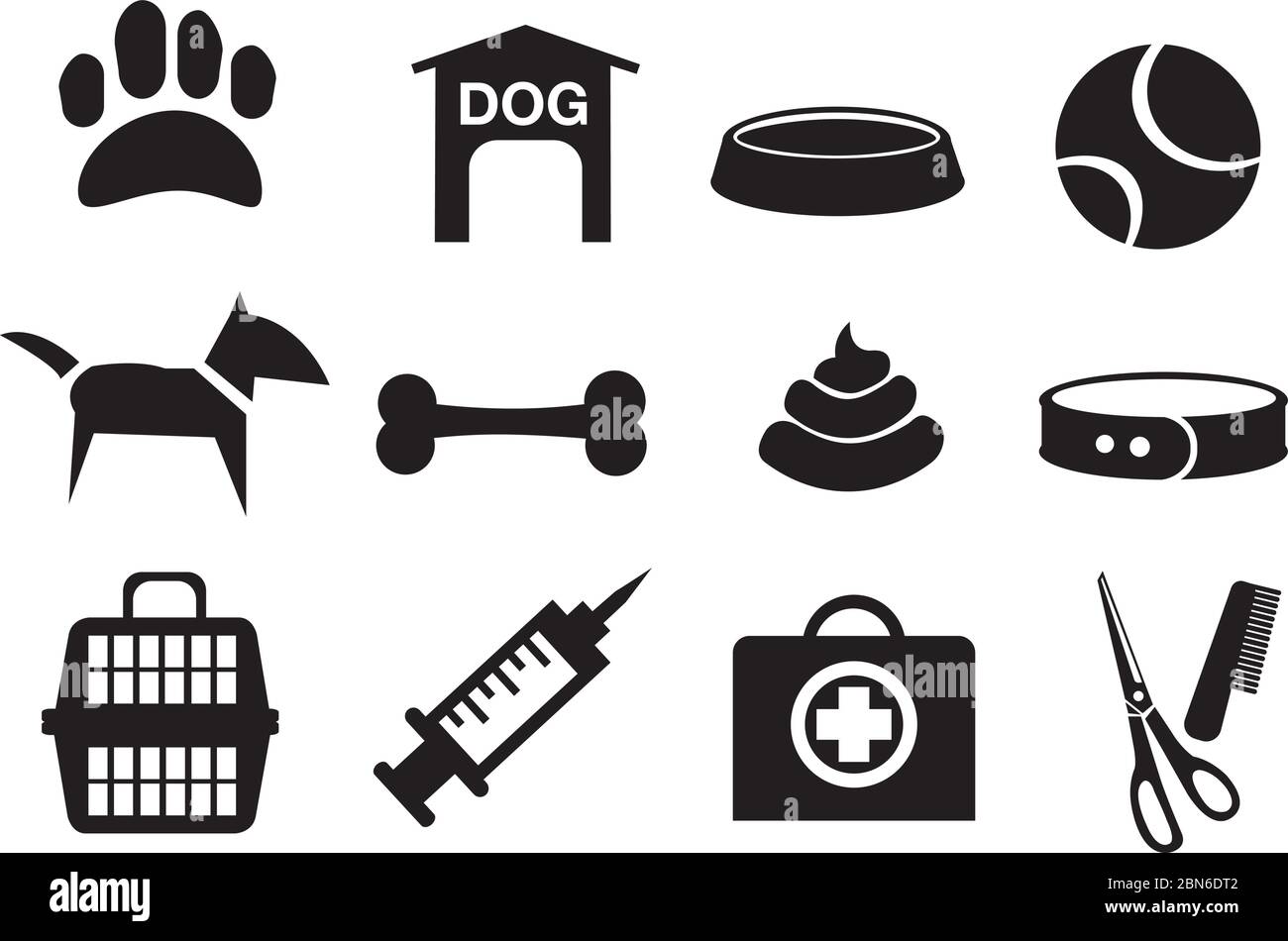 Vektordarstellung von Objekten mit Hund. Symbol für Schwarz-Weiß gesetzt. Stock Vektor