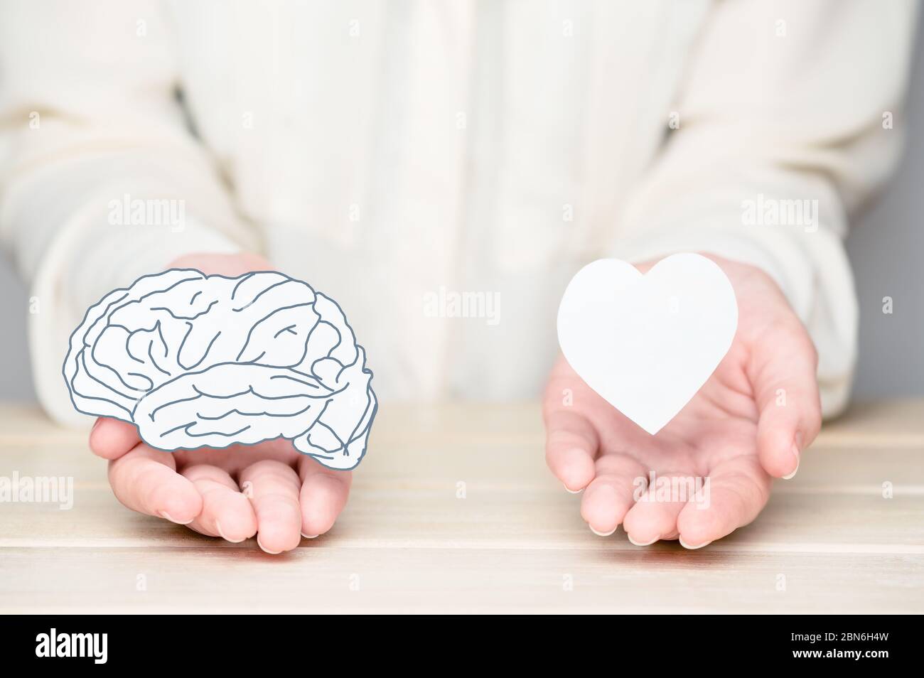 Weibliche Hände halten Papier schneiden Gehirn und Seele. Konflikt zwischen Emotionen und rationalem Denken. Gleichgewicht und Gleichgewicht zwischen Geist und Herz Konzept Stockfoto