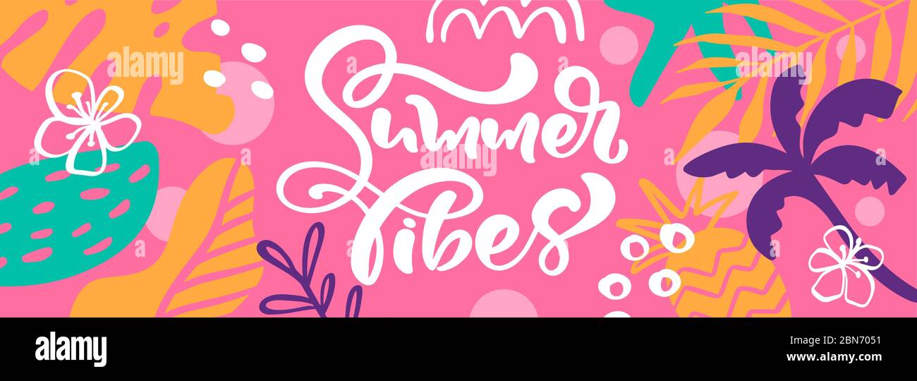 Summer Vibes Web-Banner. Schöner Hintergrund auf tropischen Palmen und Blättern. Vektorgrafik Feiertagshintergrund Stock Vektor