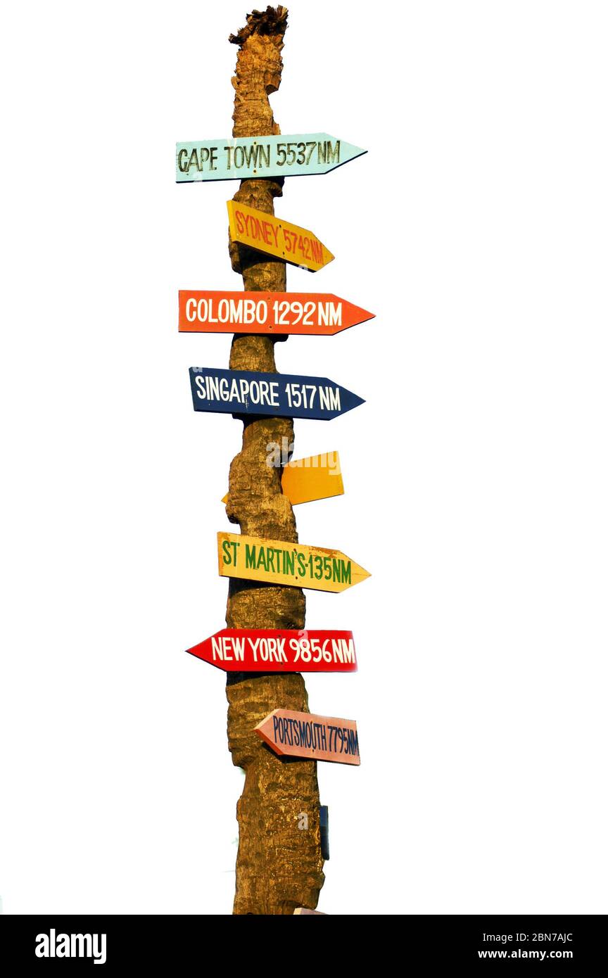 Ein Sigpost zeigt Entfernung von berühmten Städten Stockfoto