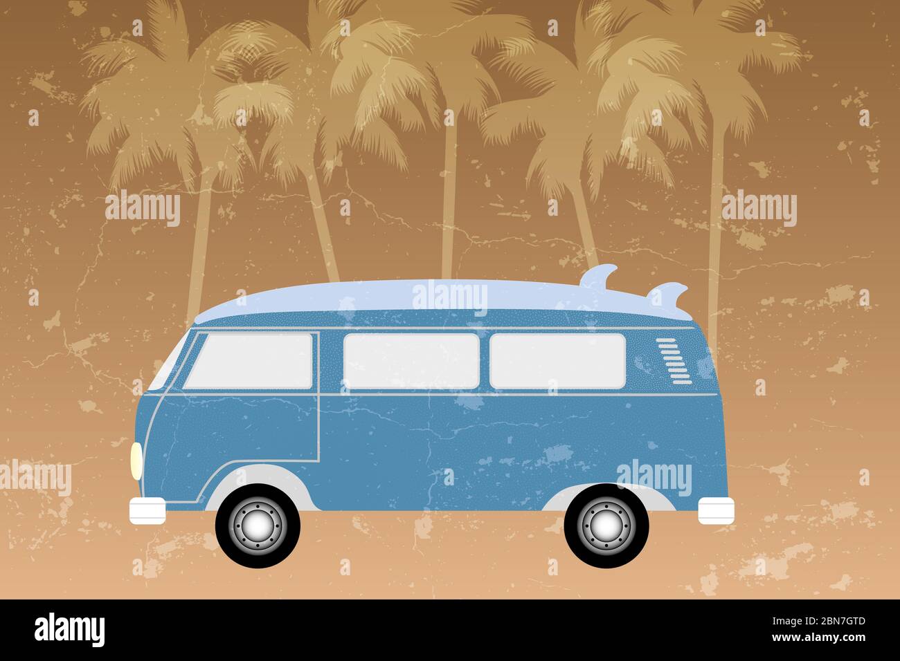 Retro Van mit durchscheinendem Stippmuster auf blau mit Surfbrett und Handflächen - Poster in alter Optik mit Grunge Stockfoto