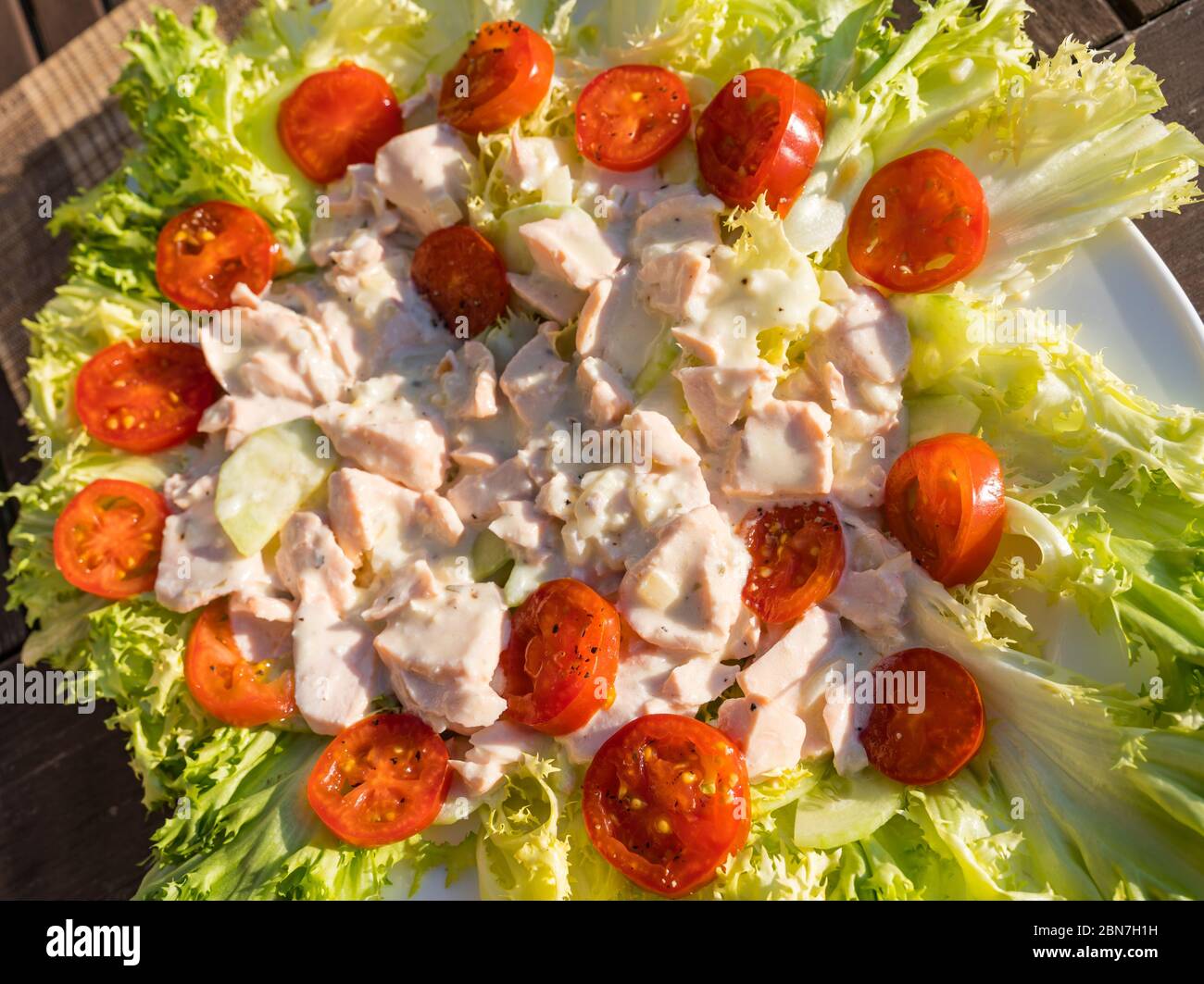 Nahaufnahme des Sommersalatmahls im Freien mit Frisée-Salat, Kirschtomaten und Lachs in Mayonnaise Stockfoto