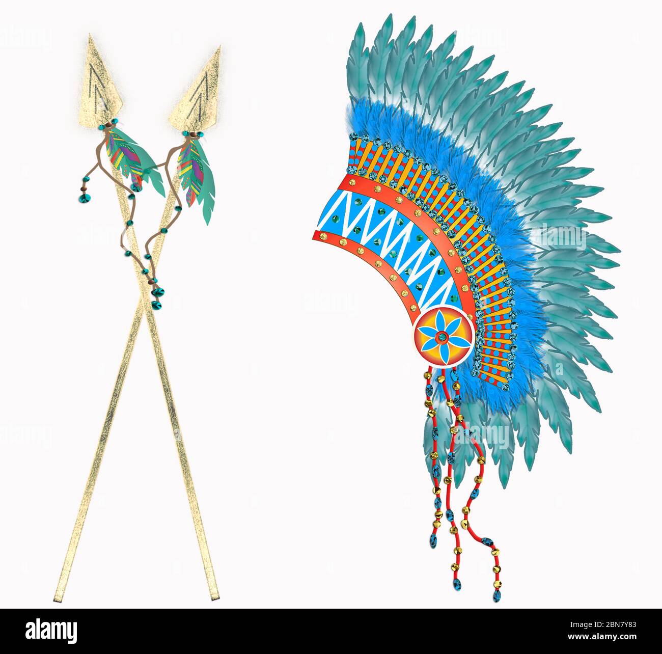 Grafik von Indianer Kopfschmuck in Blautönen und Satz von Pfeilen mit Federn isoliert auf weißem Hintergrund. Stockfoto