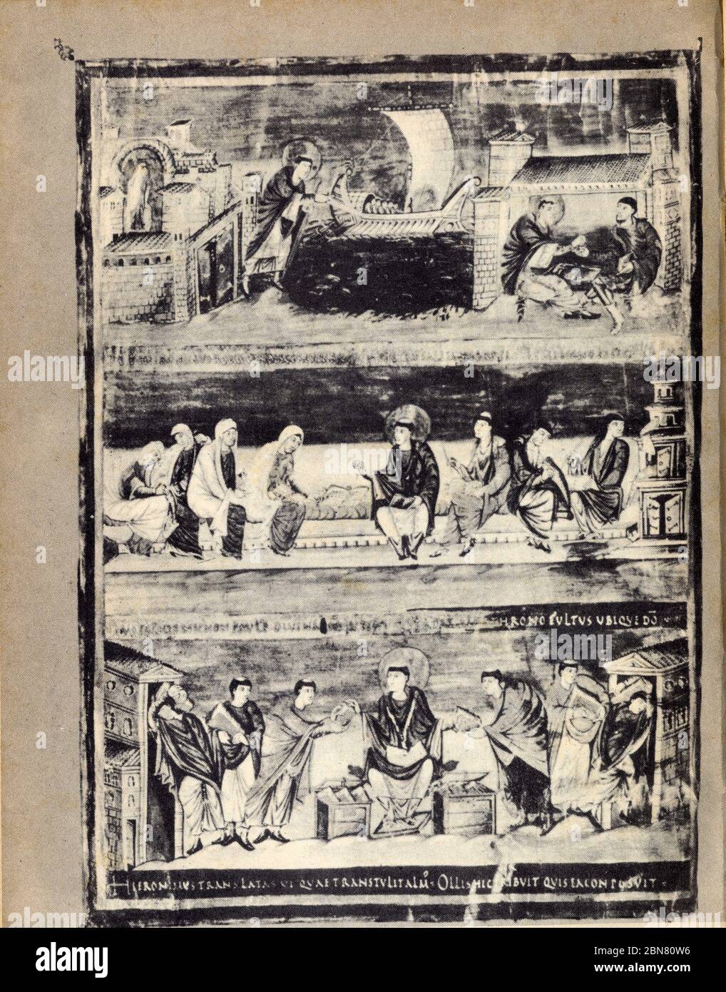 Bible de Charles le Chauve.Trois scènes de la vie de Saint Jérôme-en haut ,il part pour Jérusalem apprendre l'hébreu.Au Milieu-,il commente sa traduct Stockfoto