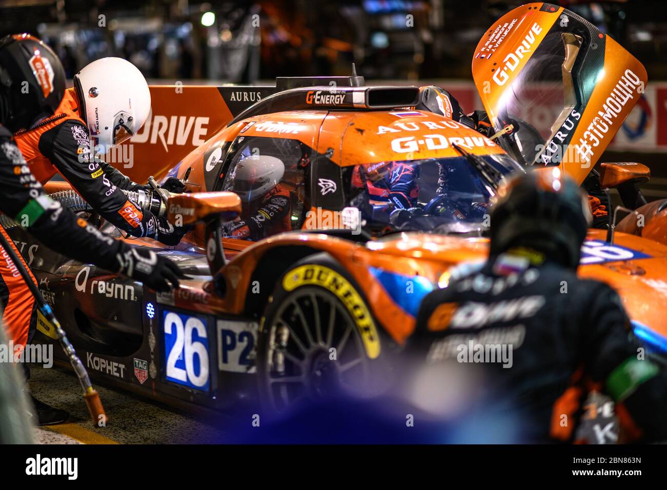 Le Mans / Frankreich - Juni 15-16 2019: 24 Stunden von Le Mans, SG-Drive Racing Team , AURUS 01 LMP2 in den Ständen für Wartungseinsätze, Rennen der 24 Stockfoto