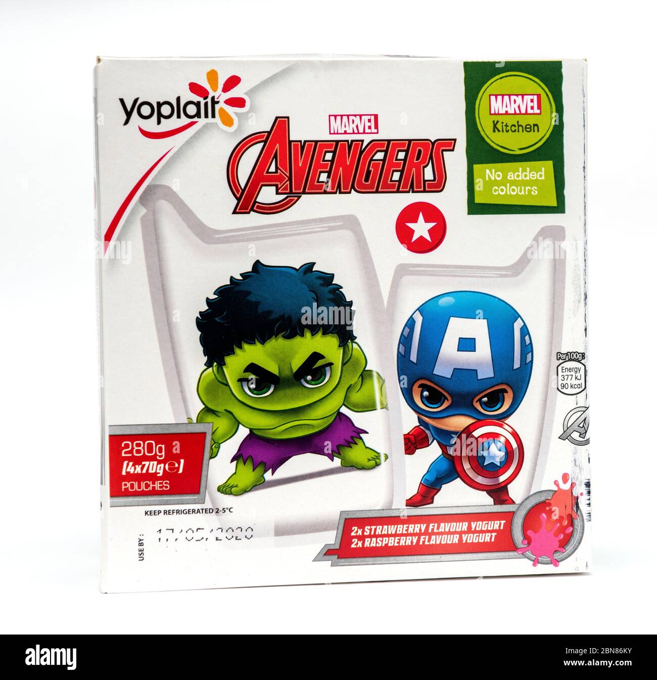 Yoplait, Marvel Avengers, Joghurts, Einzelhandelsverpackung, weißer Hintergrund Stockfoto