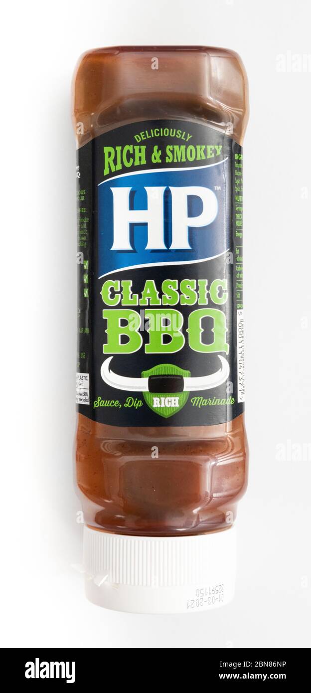 HP, klassisches bbq, Barbecue-Sauce, Plastikflasche, reich und rauchig Stockfoto