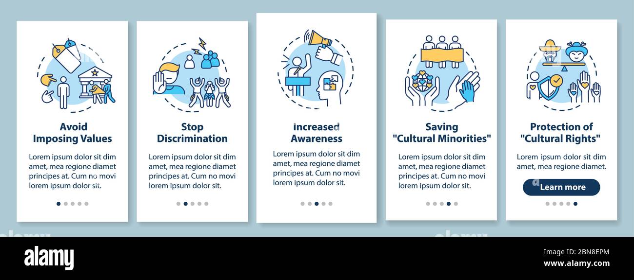 Diskriminierung stoppen Onboarding Mobile App Seite Bildschirm mit Konzepten Stock Vektor