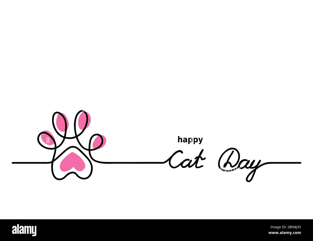 Katze niedlichen Vektor Pfote. Happy Cat Day Hintergrund, Banner, Schild. Eine durchgehende Linienzeichnung Kontur, Umriss mit Schriftzug Cat Day Stock Vektor