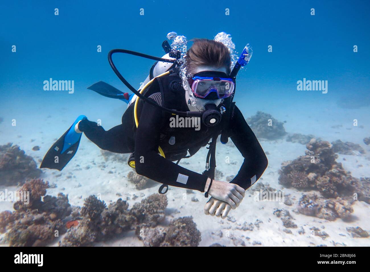 Junge kaukasische Taucher schwimmt unter Wasser im blauen Meer Stockfoto