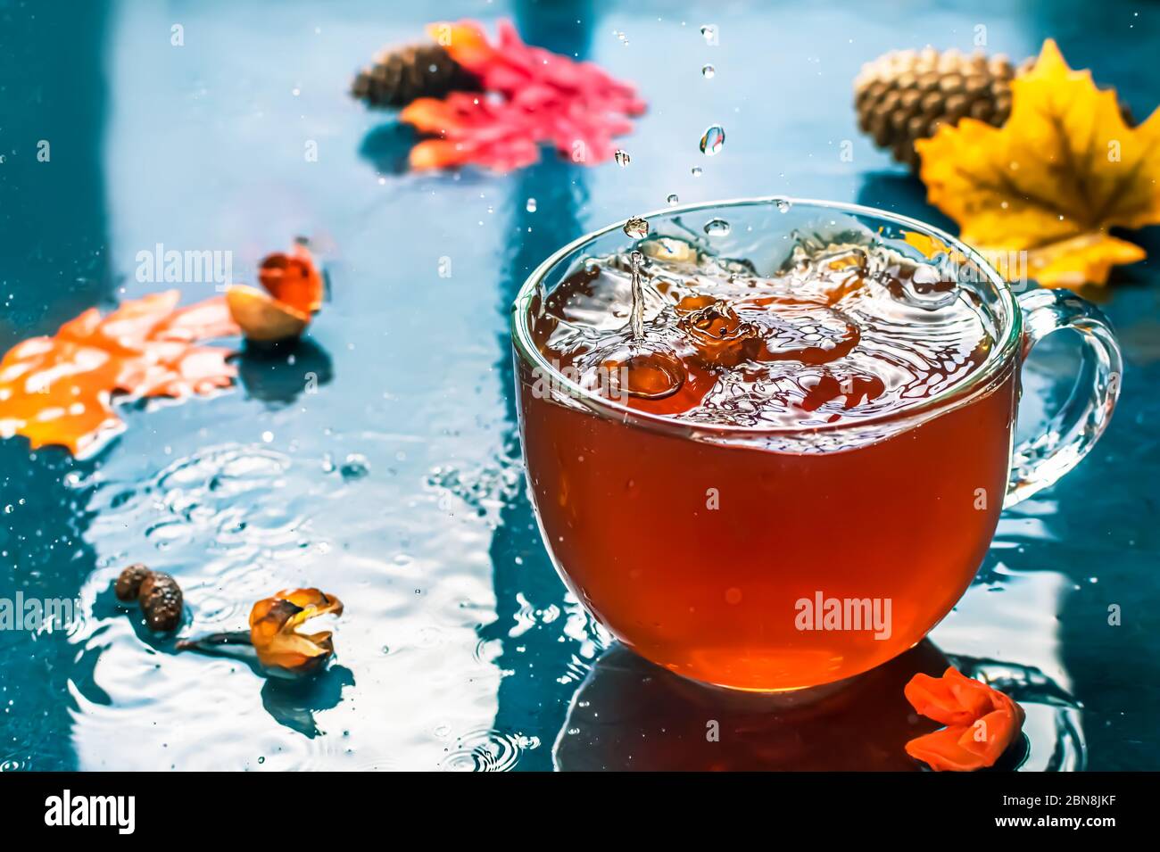 Herbsttee in einem transparenten Becher. Blätter. Regentropfen. Schöne atmosphärische Herbstkarte Stockfoto