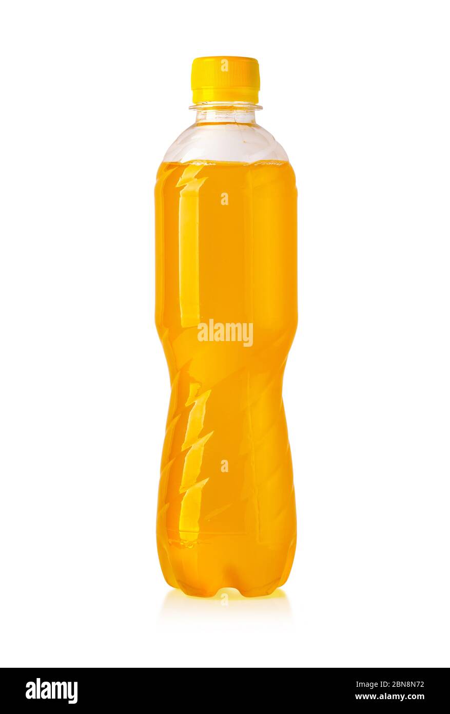 Gelbe Energy Drink Soda Flasche vor einem Hintergrund mit Clipping-Pfad Stockfoto
