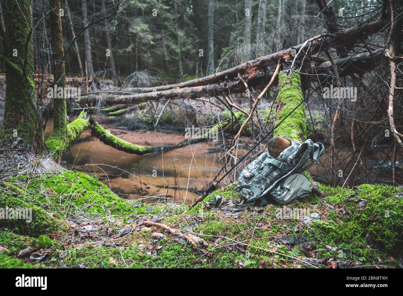 Angelausrüstung auf einem Hintergrund des Waldbaches. Stockfoto