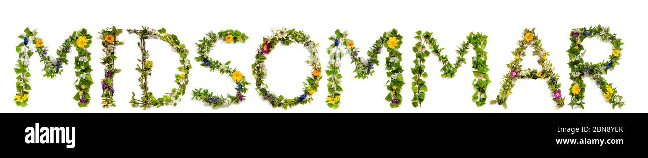 Blumen- Und Blütenbriefe Wort Bauen Midsommar Bedeutet Mittsommer Stockfoto