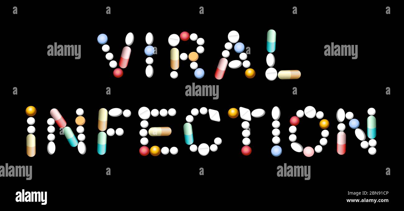 VIRUSINFEKTION mit verschiedenen Pillen, Tabletten, Kapseln geschrieben - Abbildung auf schwarzem Hintergrund. Stockfoto
