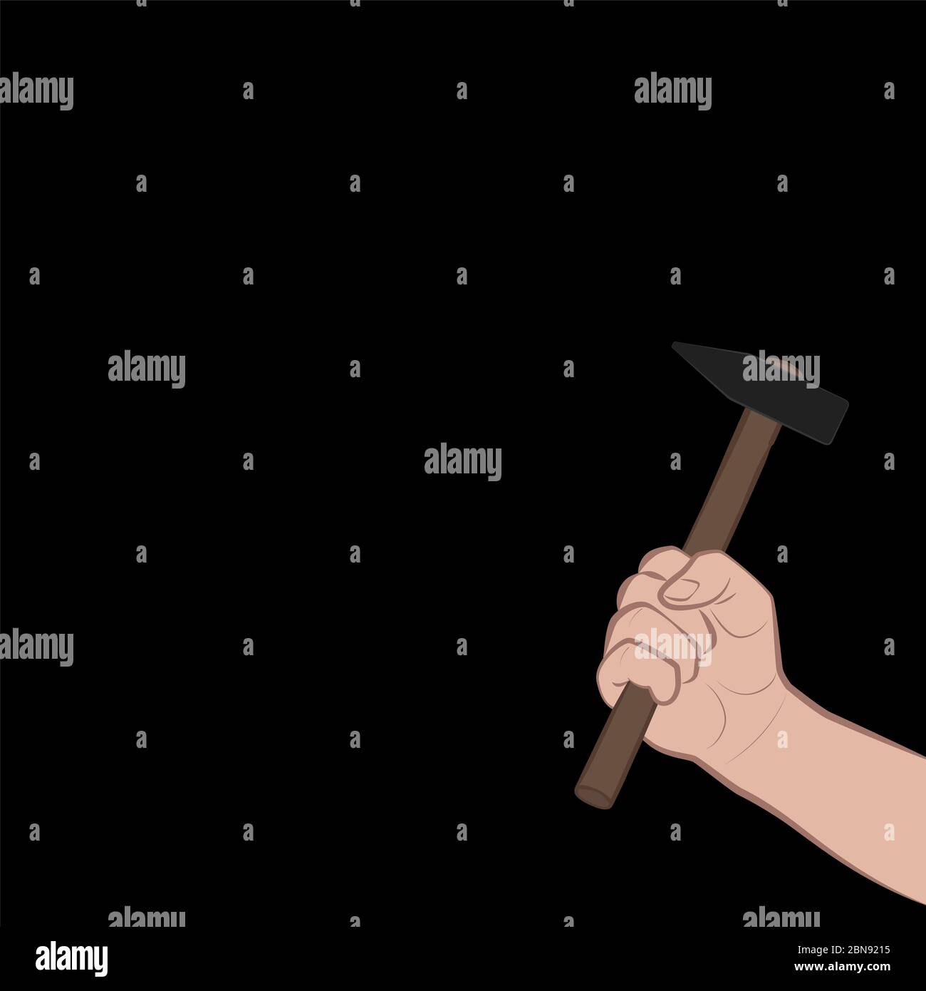 Hand mit Hammer in der Nacht, symbolisch für Hausbruch, Bedrohung, Überfall, Raub, Gefahr. Comic-Illustration auf schwarzem Hintergrund. Stockfoto