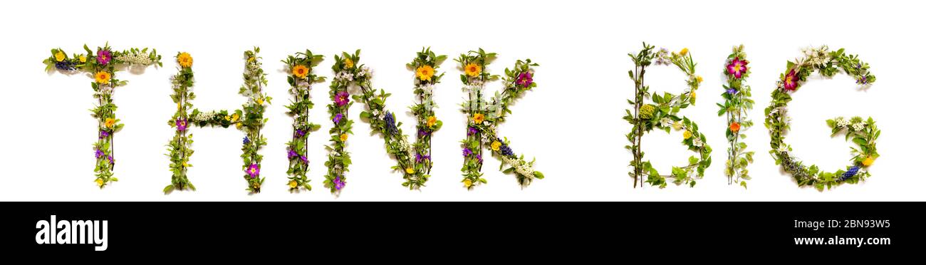 Blumen- Und Blütenbrief Wort Bauen Denken Sie Groß Stockfoto