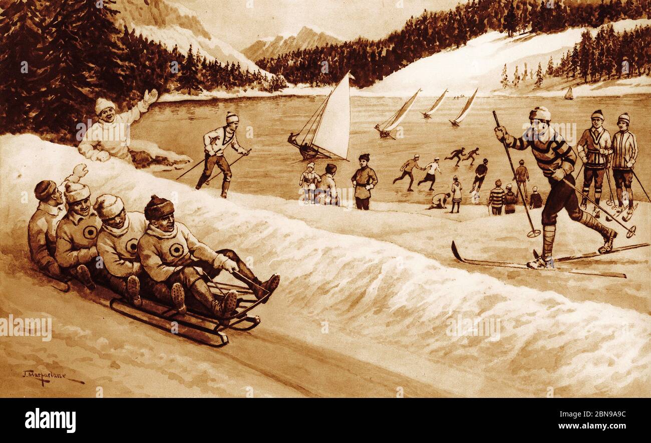 Illustration des Wintersports in Kanada, aus einer Reihe von Schulplakaten für Sozialstudien, c 1930 Stockfoto