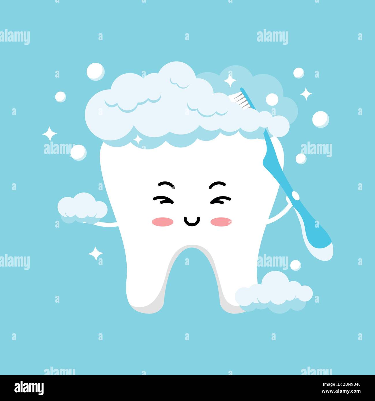 Niedlichen Zahn Emoji in Schaum Bürsten sich mit Zahnbürste. Stock Vektor